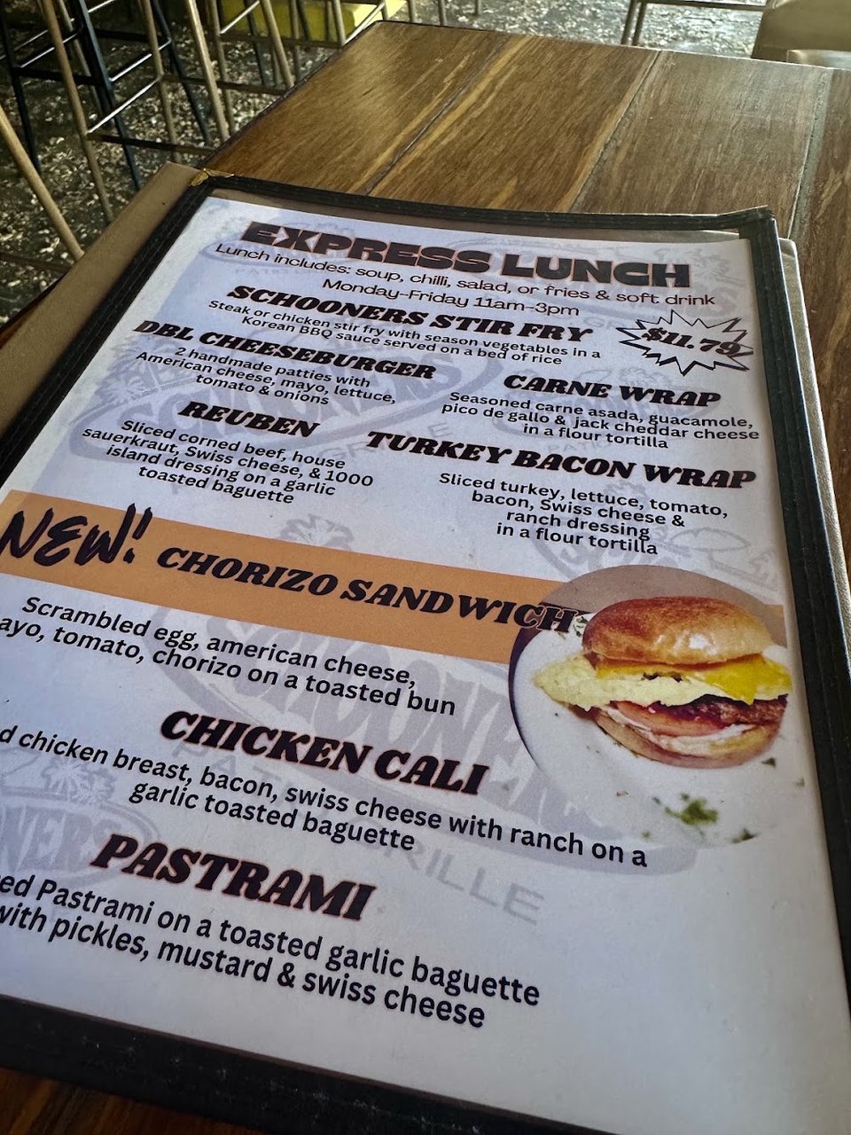 Printed menu with burgers, wings, and steaks.